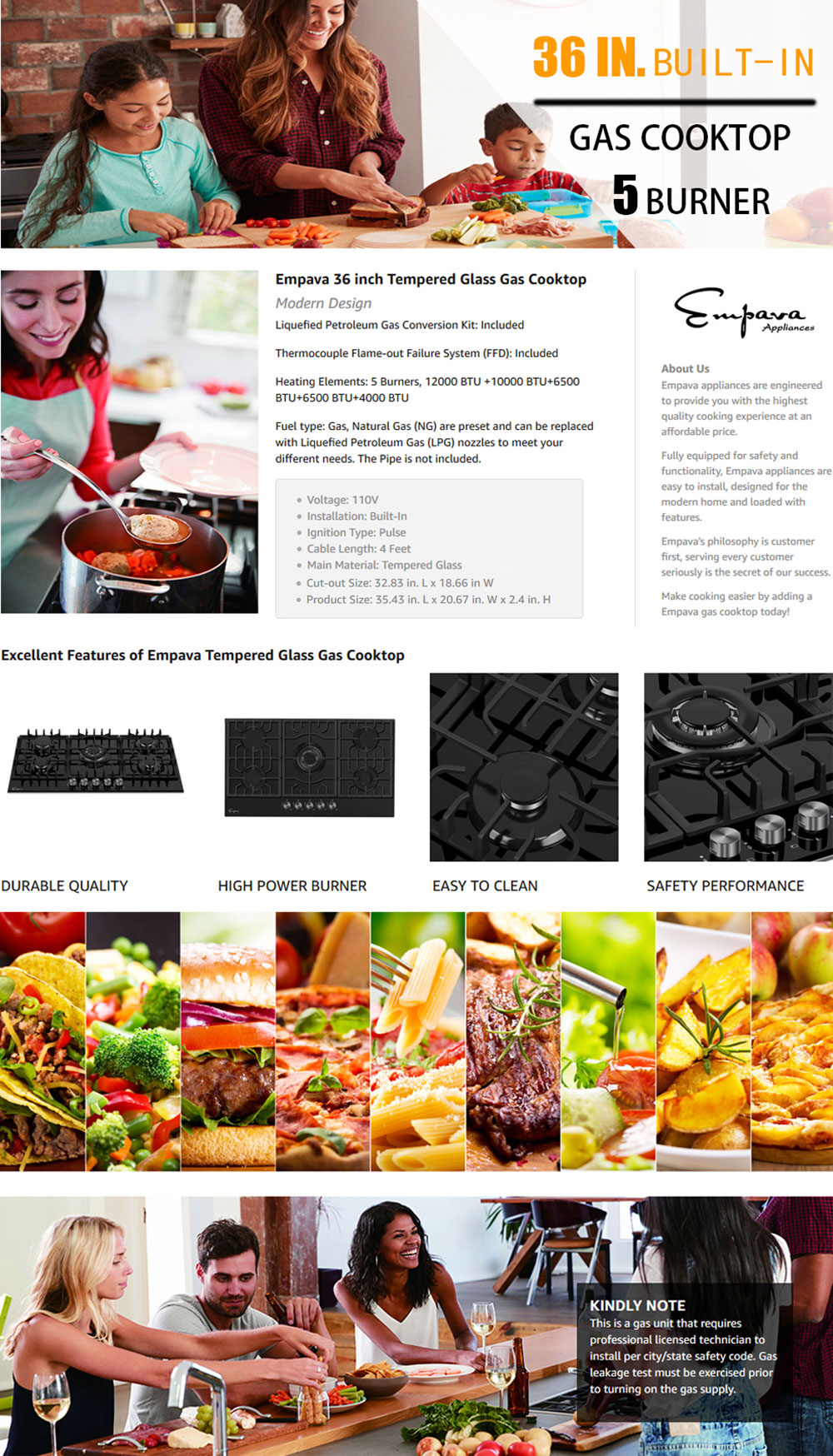 Empava 36 in. GasonGlass Gas Cooktop in Black with 5Burners including Melting Burners EMP